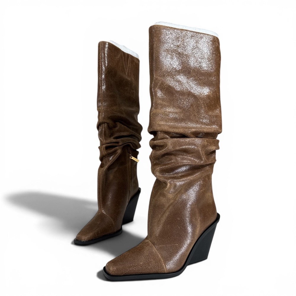 Michael Kors Brown Leather Slouchy Tall Boots Snip Toe Wedge Heel Womens 7M‎ NIB